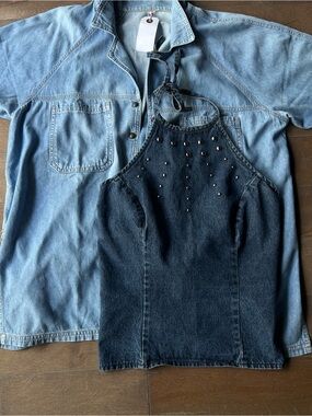 Vintage Dark Blue Denim Studded Halter Camisole